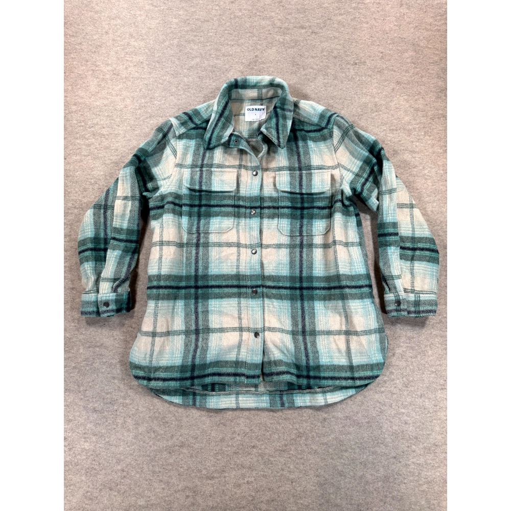Old Navy Flannel Shacket Womens Small Green Plaid Long Sleeve Winter Snap Front